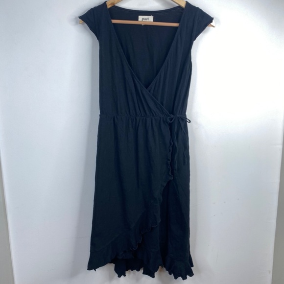 PACT Easy Wrap Dress S Organic Cotton Black Ruffle Beach Minimalist Lightweight - Picture 3 of 12